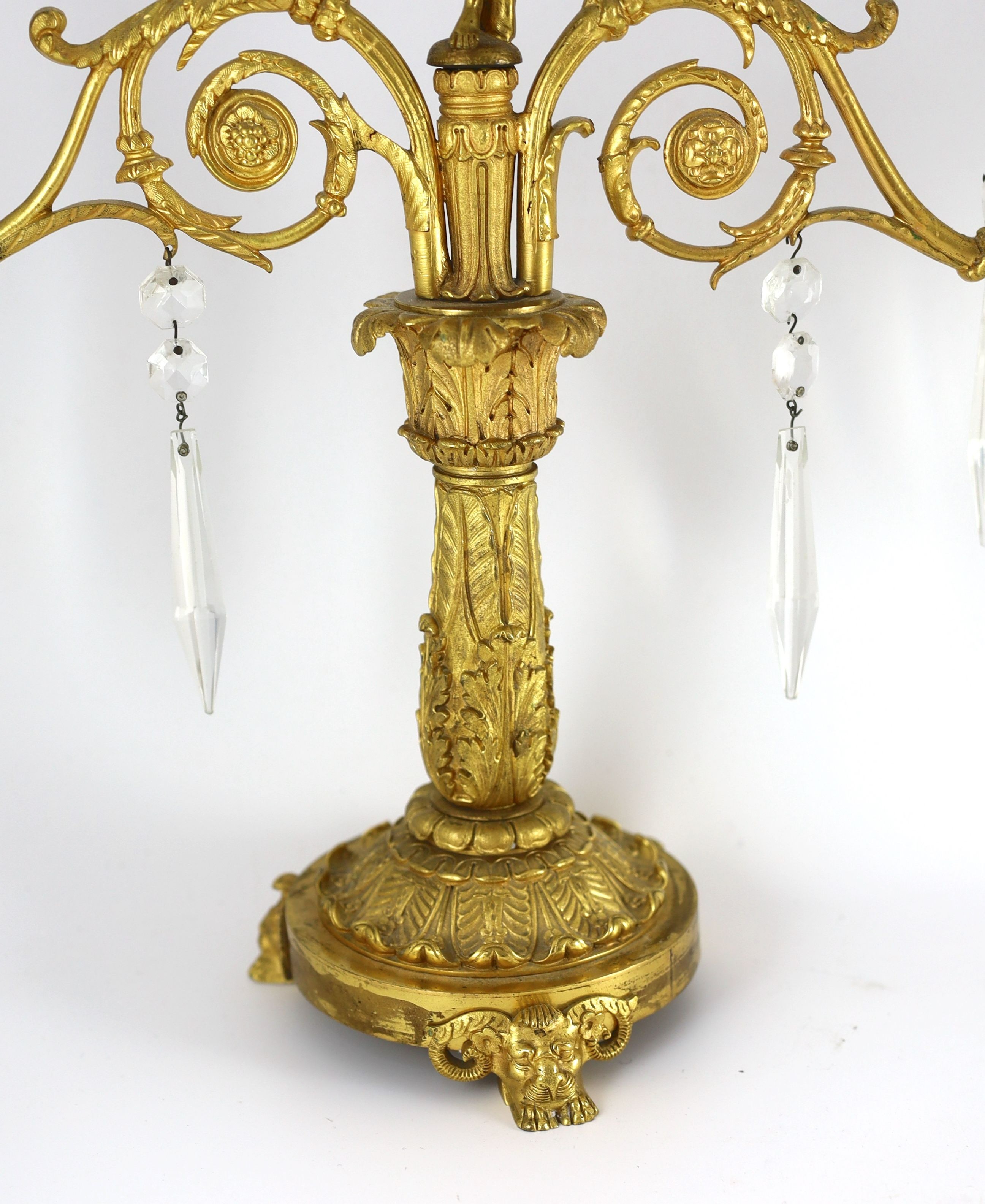 A pair of 19th century Grecian revival ormolu two lights candelabra, 39cm wide depth 13cm 44cm high